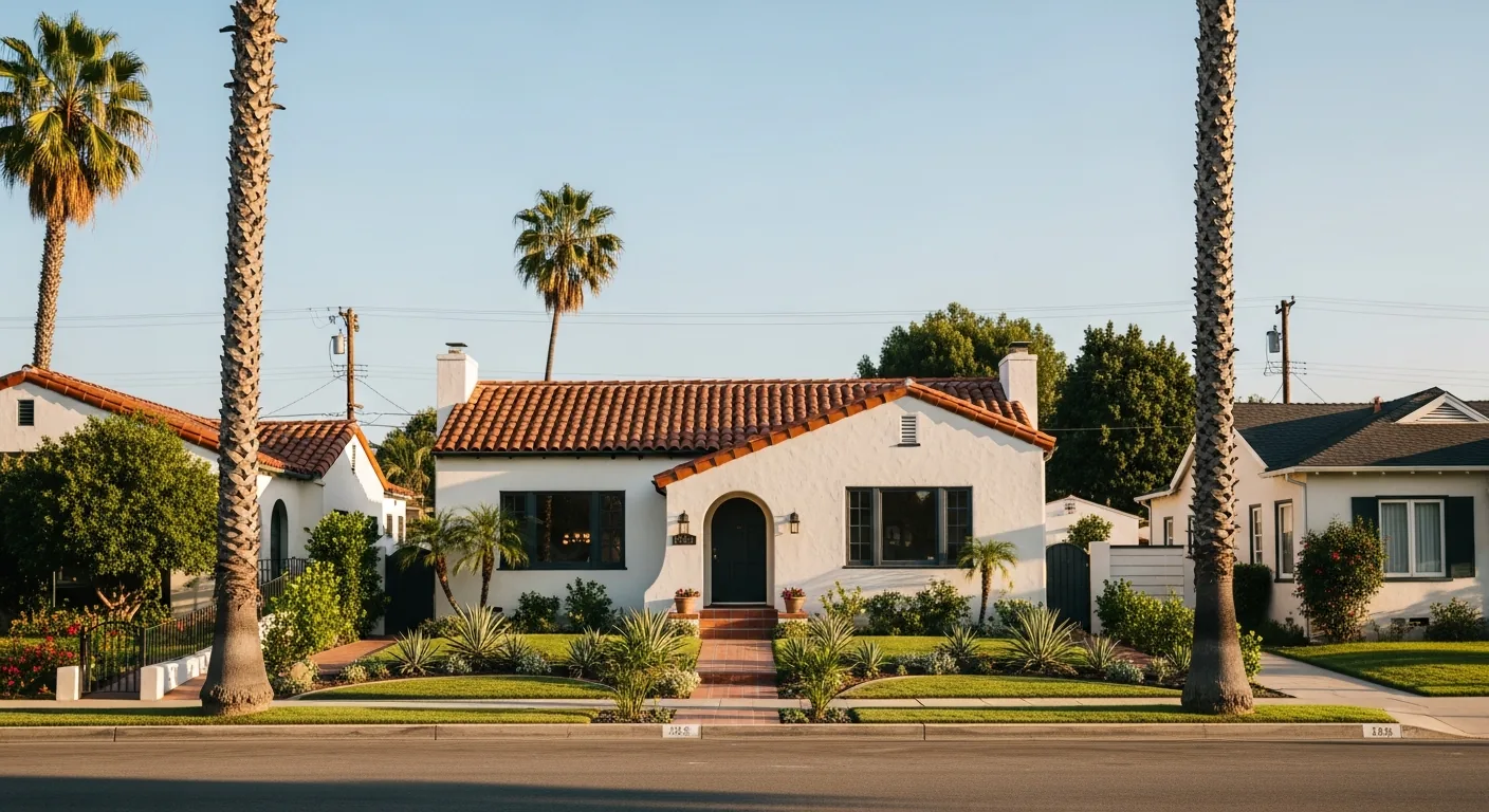 Spanish-style home on a palm-lined Southern California street