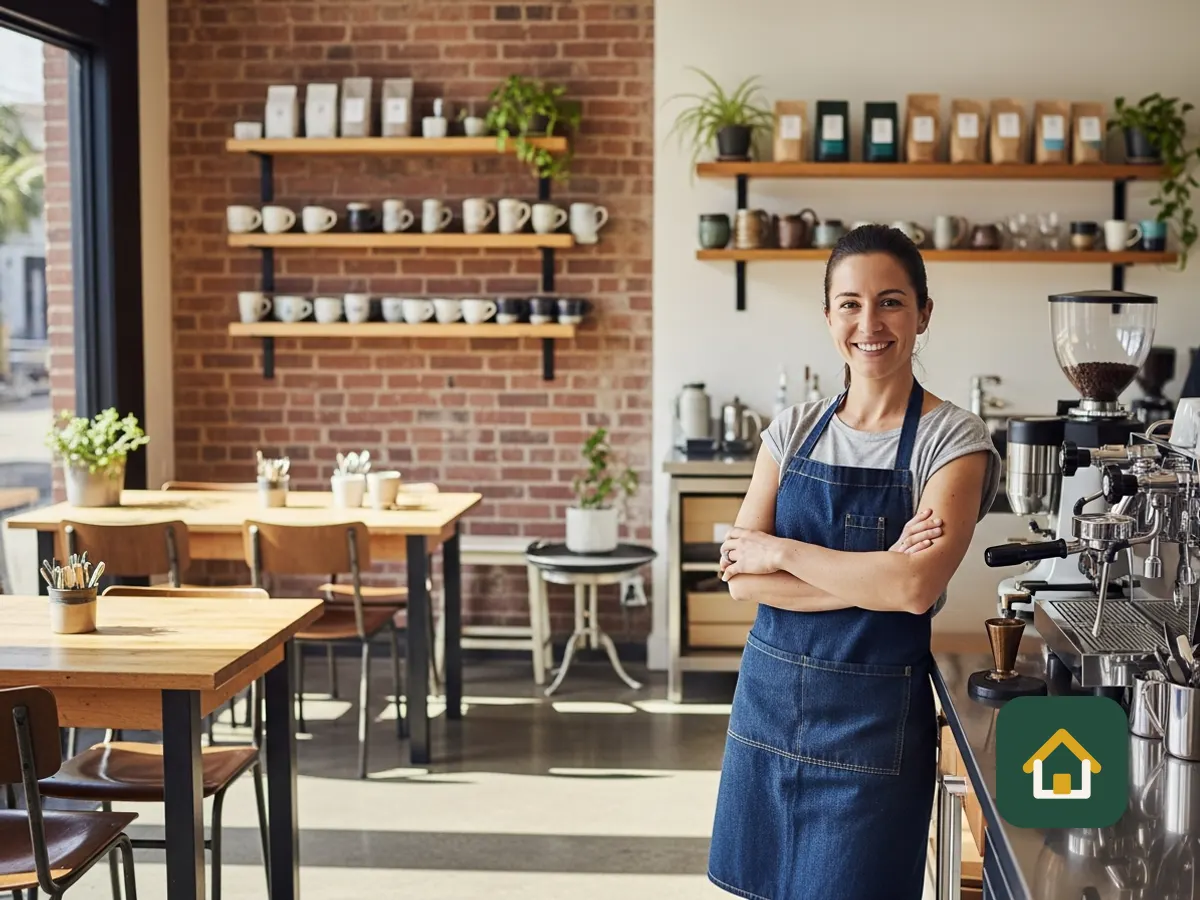 Self-employed café owner standing in her shop