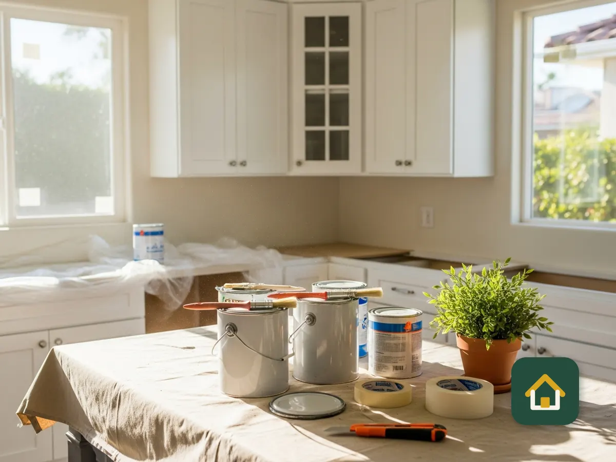 Kitchen in the middle of a refresh, with paint cans and supplies on the counter