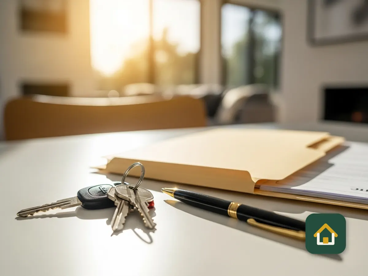 House keys, a pen, and a closing folder on a bright table