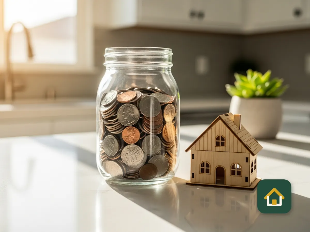 Frasco de ahorros con monedas junto a una casa de juguete en la cocina