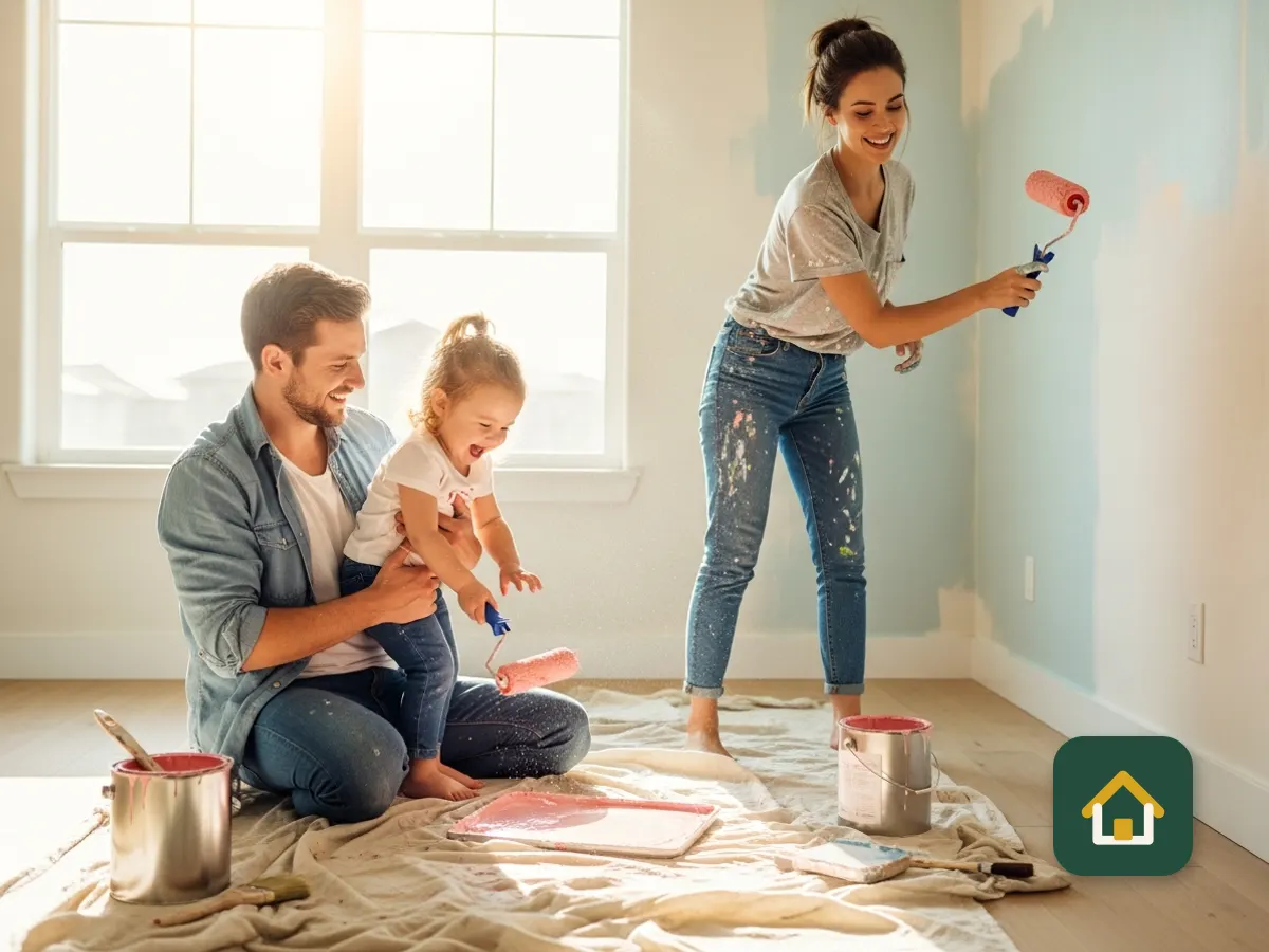 Familia pintando juntos las paredes de su casa
