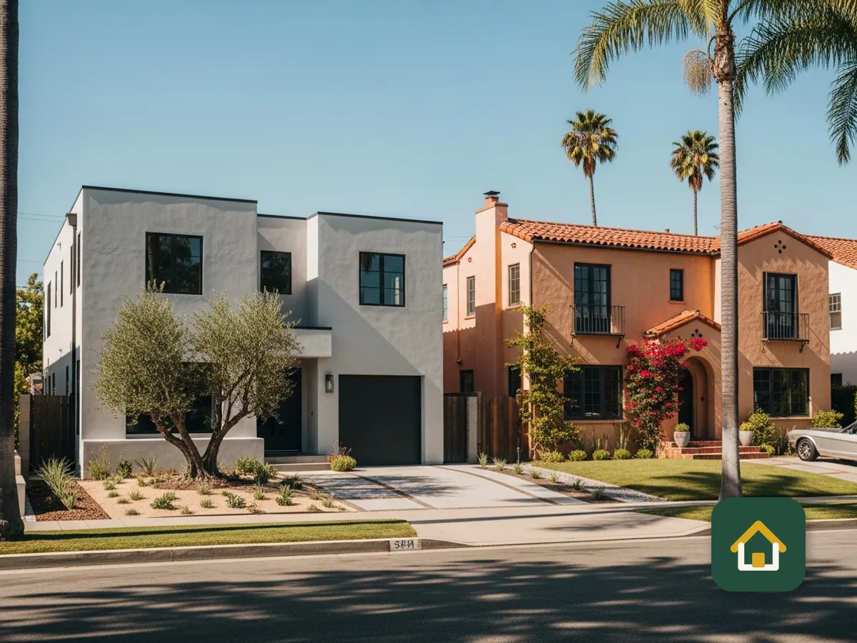 Modern and Spanish-style homes along a sunny palm-lined California street