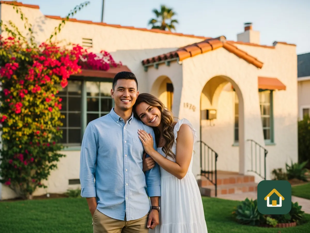 Couple smiling with their keys outside a Spanish-style California home