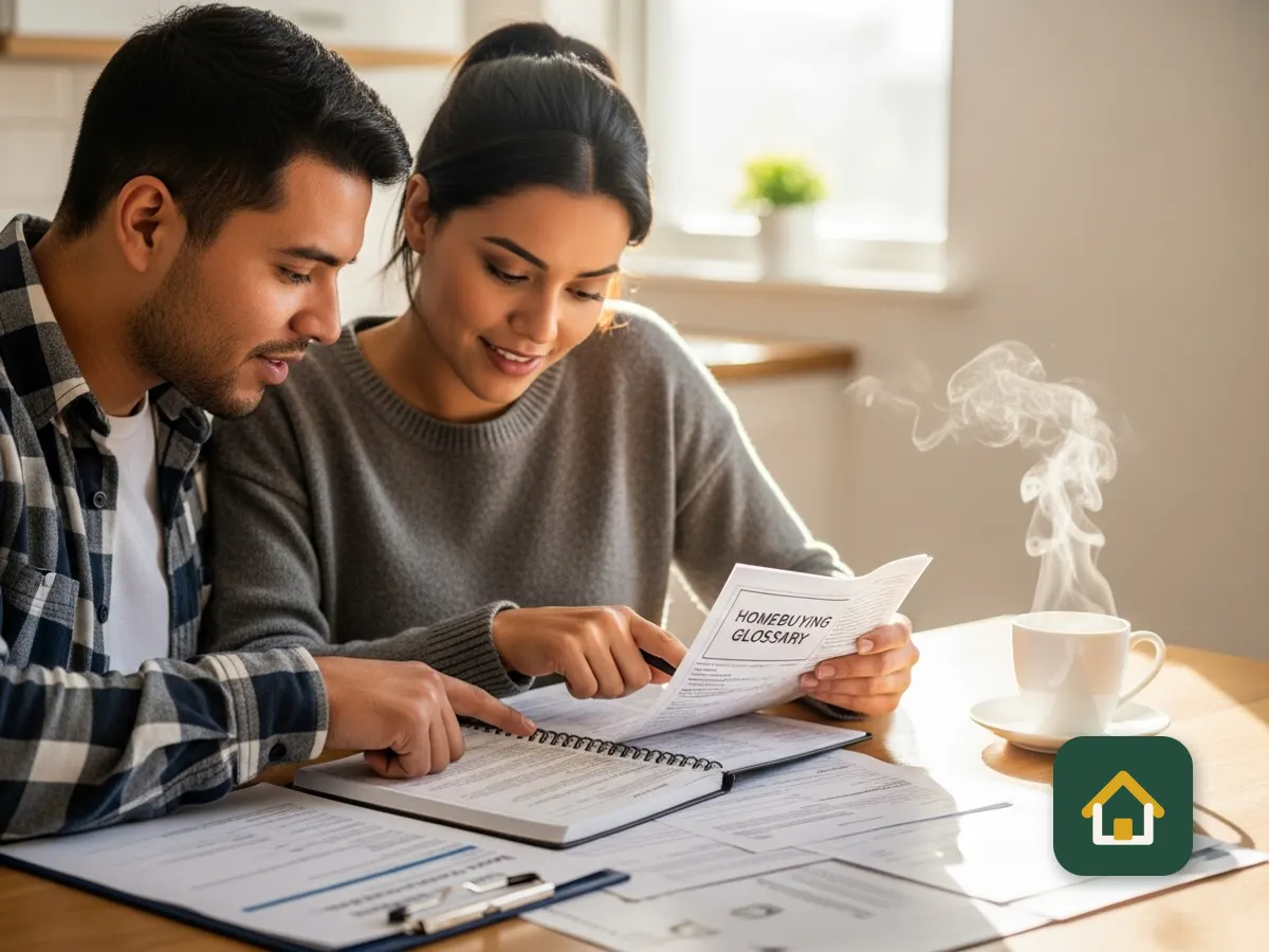 Pareja leyendo juntos documentos hipotecarios con un café