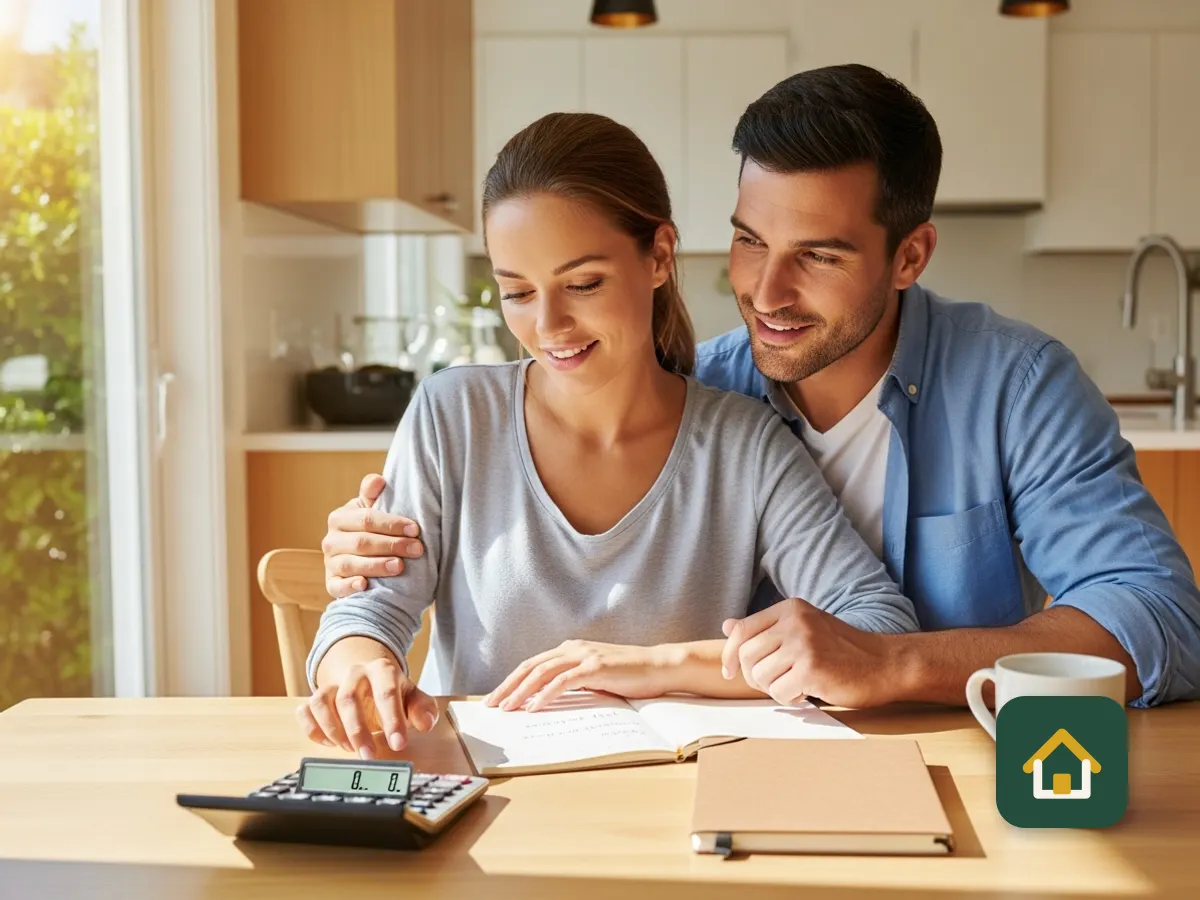 Couple working out a budget with a calculator at the kitchen table