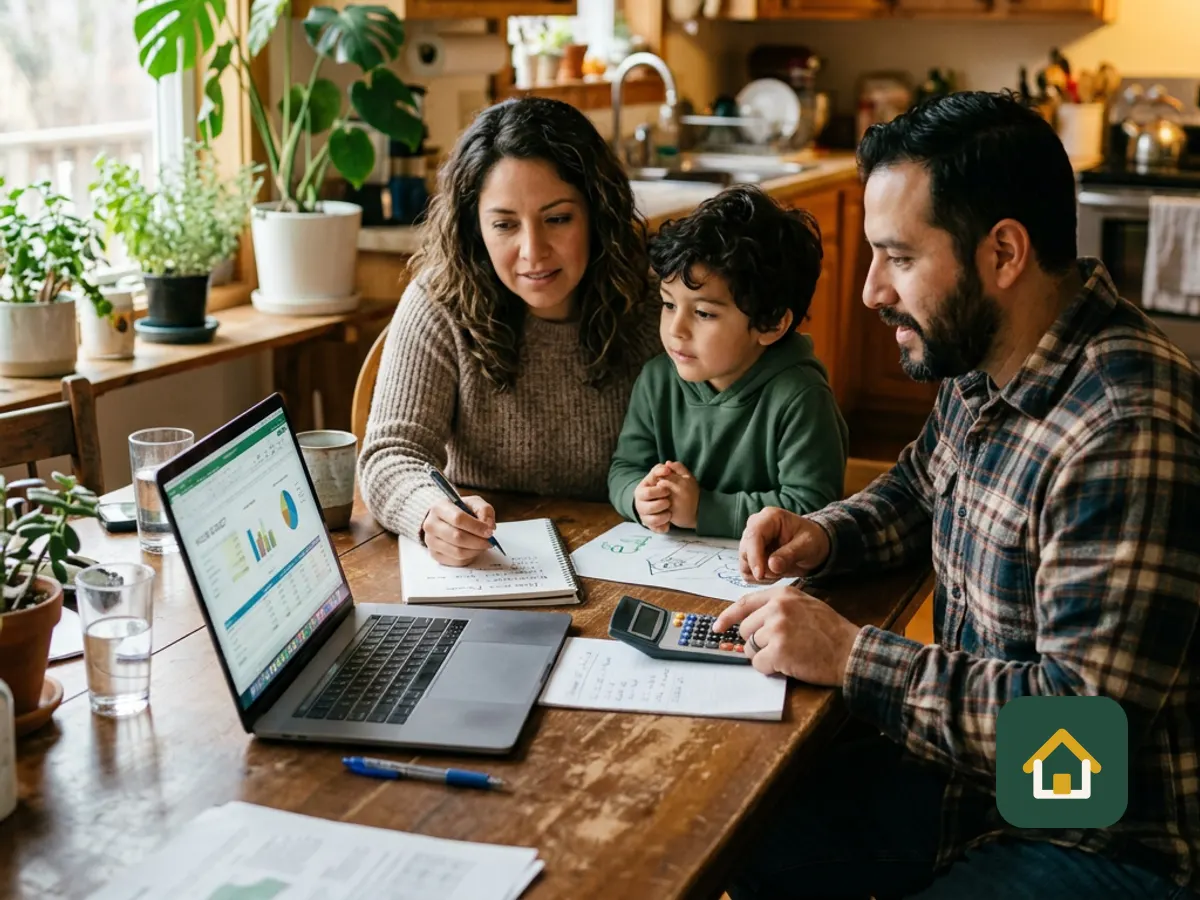 Padres revisando su presupuesto en una laptop en la mesa de la cocina con su hijo