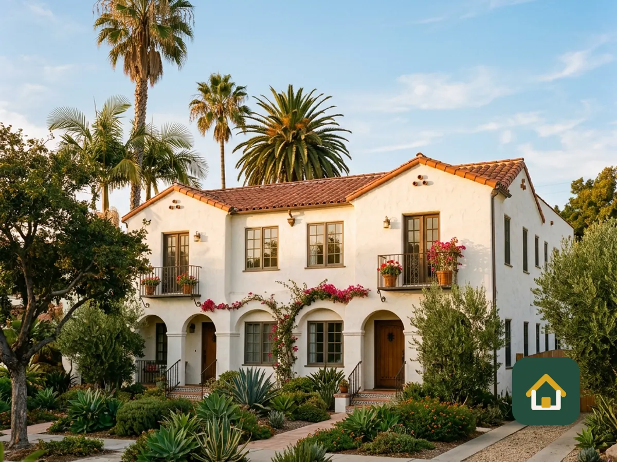 Two-story Spanish-style apartment building framed by palm trees