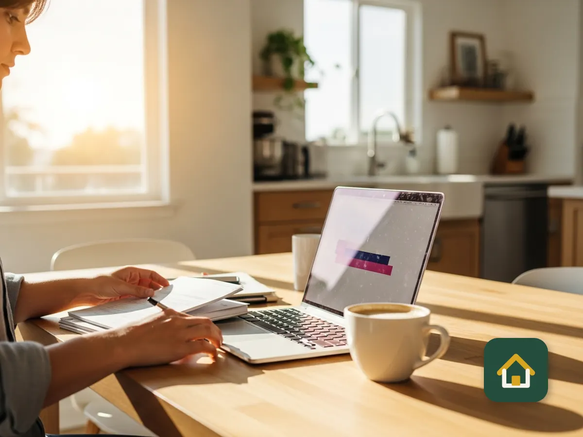 Dueño de negocio revisando documentos y su laptop en la mesa de la cocina