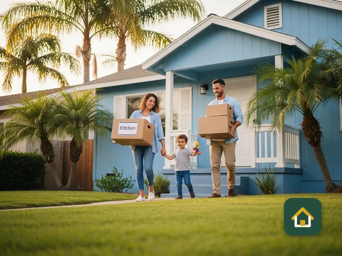 Familia joven llevando cajas de mudanza a una casa azul con palmeras