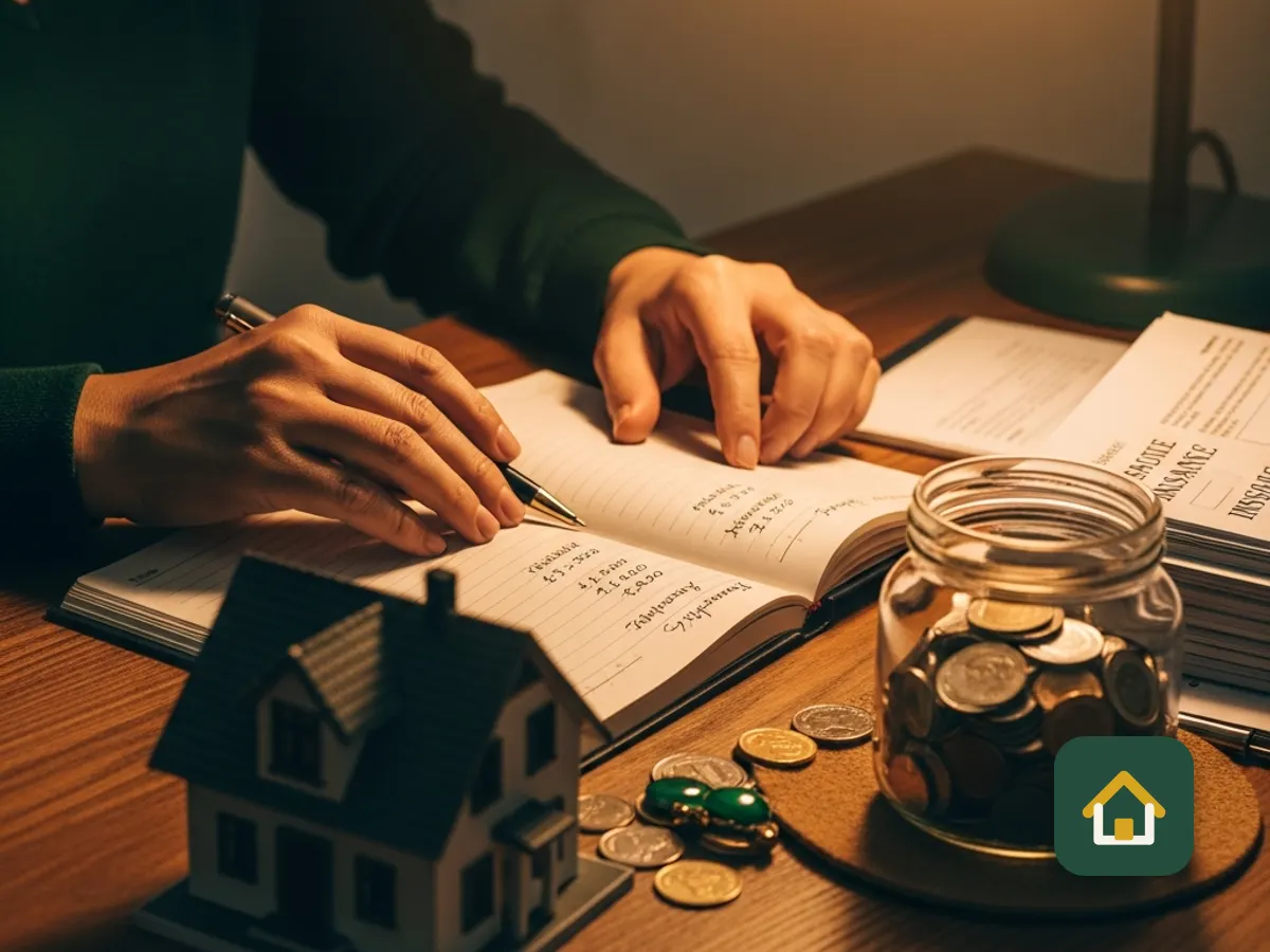Homeowner adding up figures beside a coin jar and a small model house