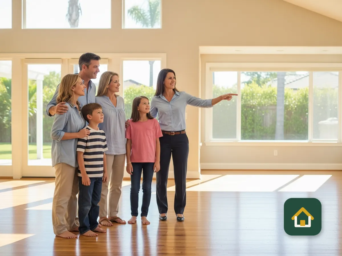 Family touring a bright, empty home with large windows