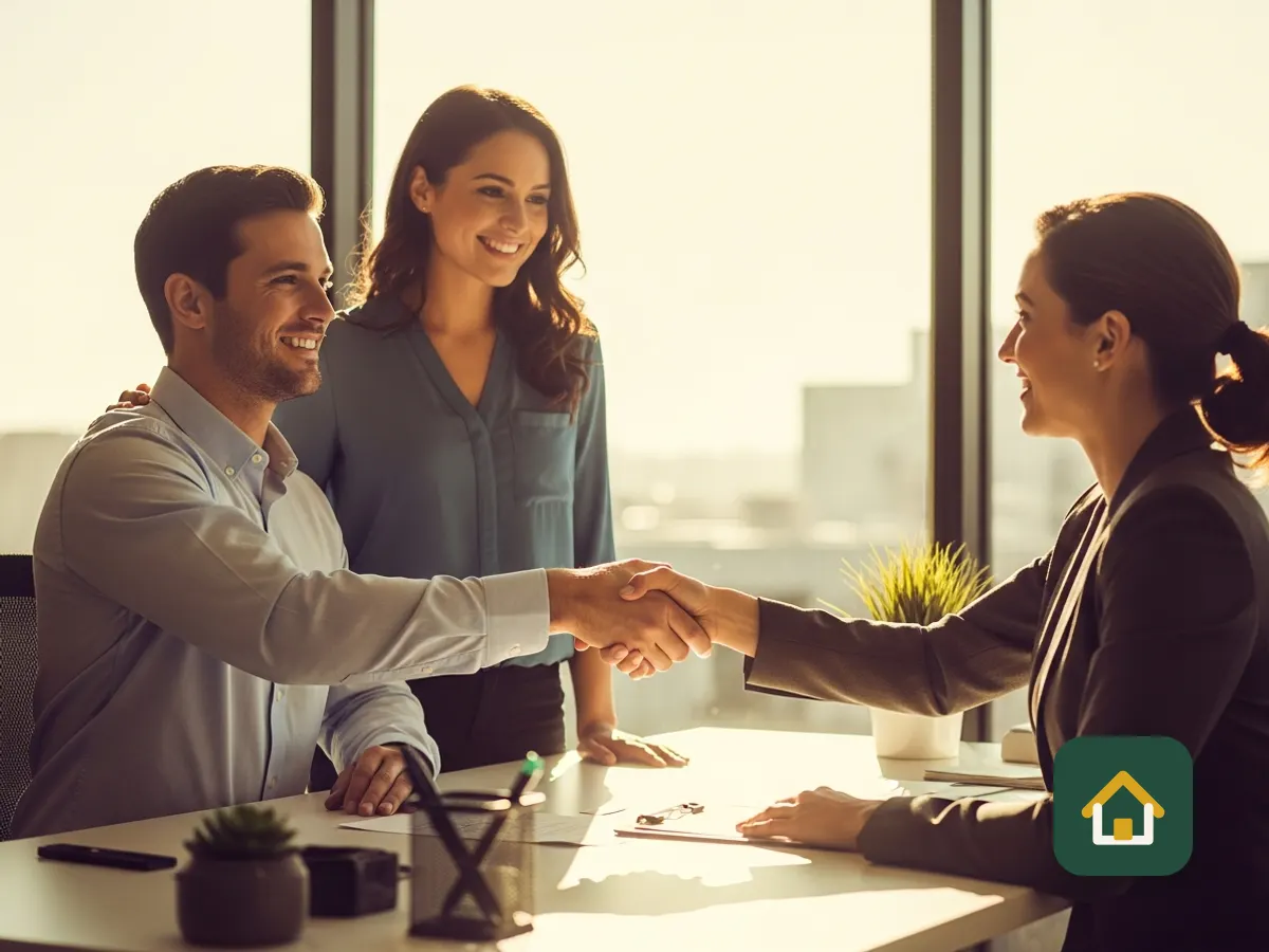 Couple shaking hands with an advisor across a desk