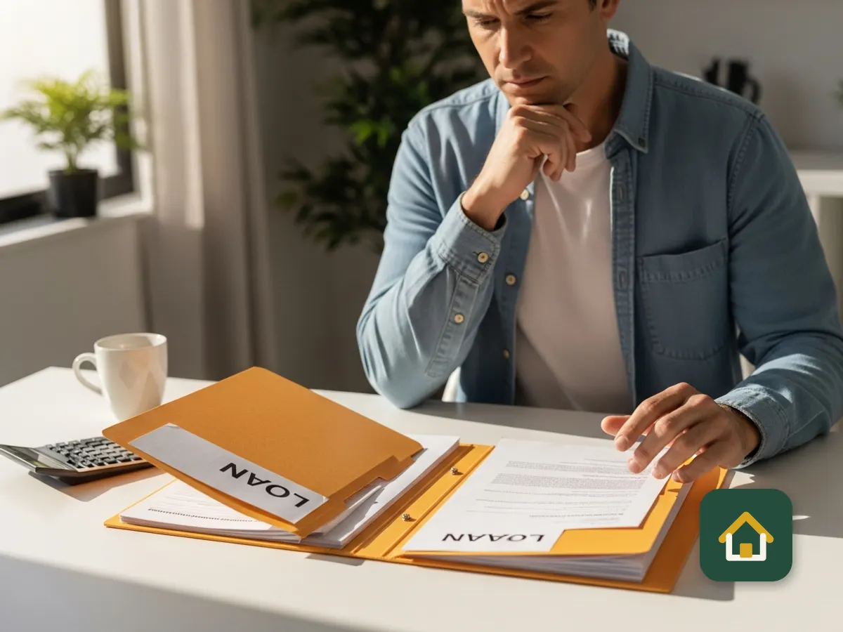 Homeowner reviewing refinance paperwork at the kitchen table