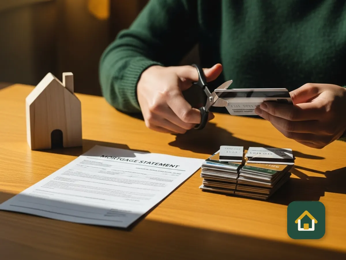 Hands sorting credit cards and bills beside a small model house