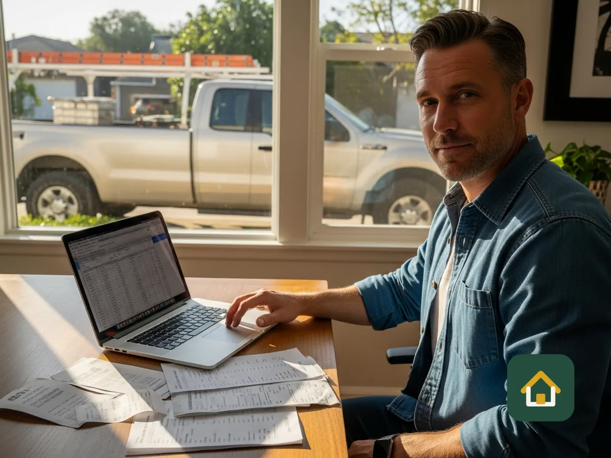 Self-employed man working on a laptop at a table near a window