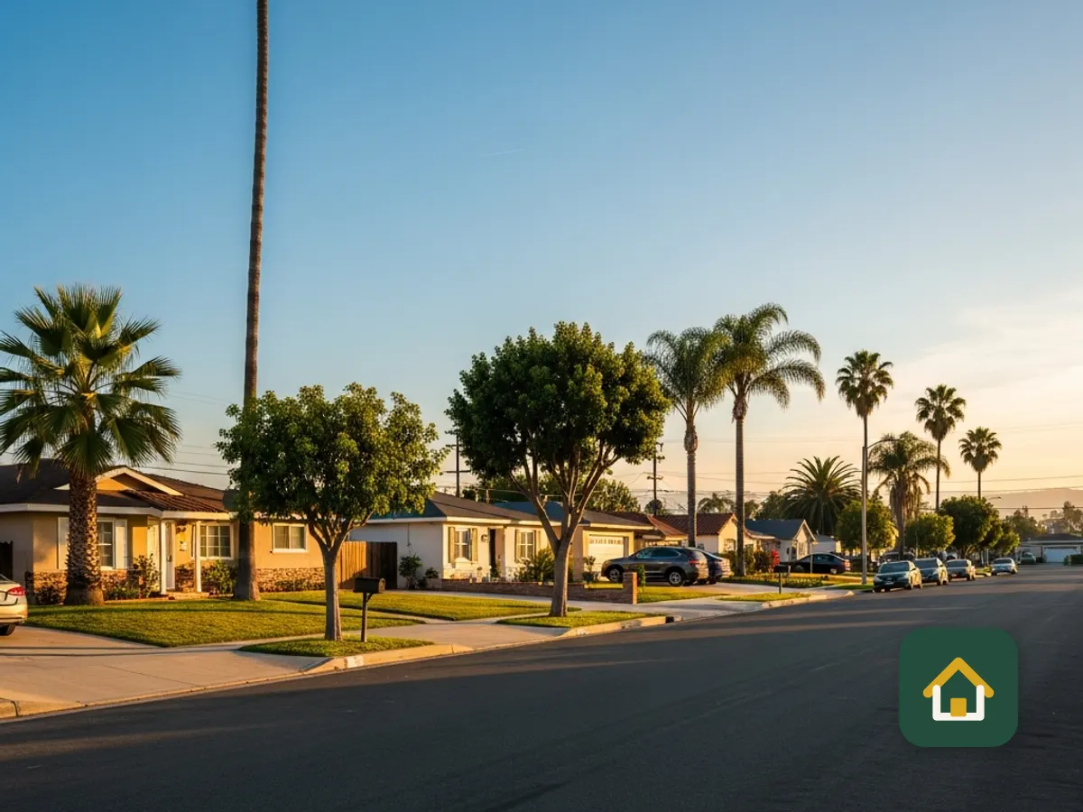 Sunny palm-lined residential street in Southern California