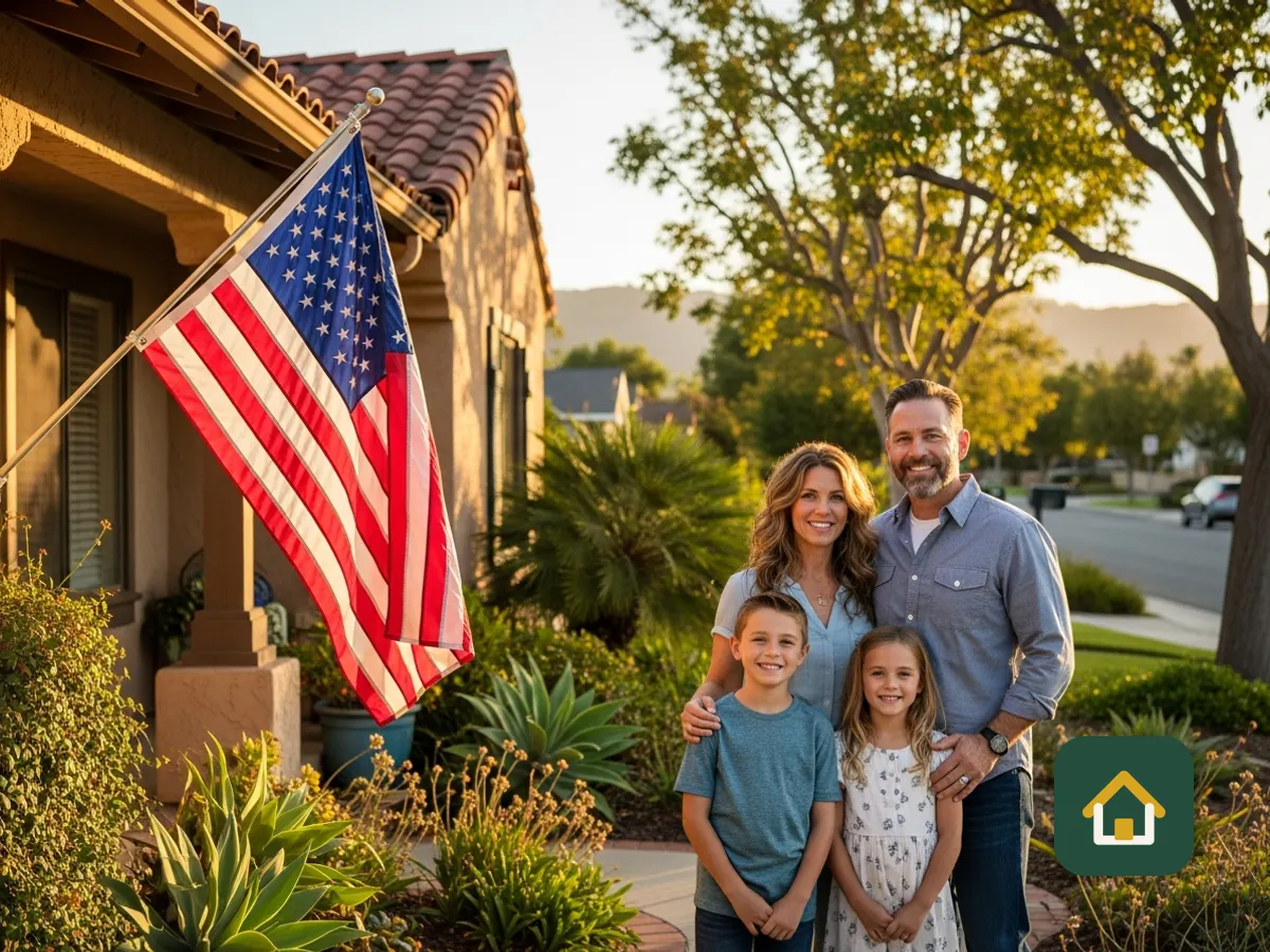 Family standing in front of their home beside an American flag