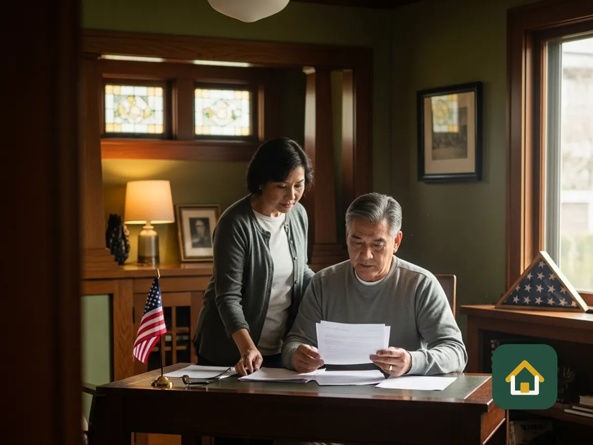 Couple meeting with an advisor at a desk with a small American flag