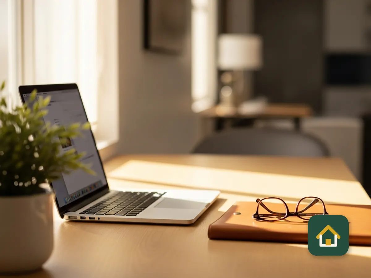 Laptop, documentos y lentes en un escritorio de casa