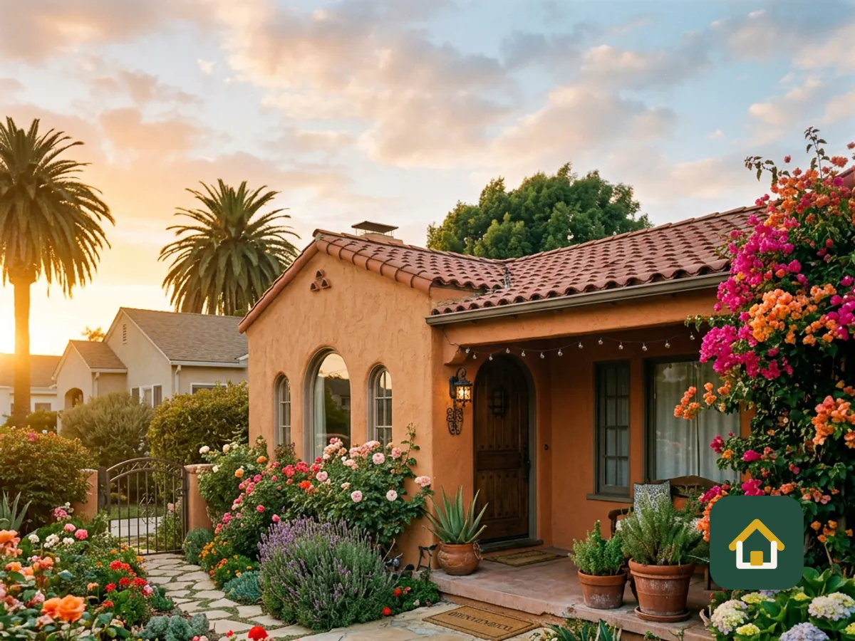 Casa de estilo español con buganvilias en flor al atardecer