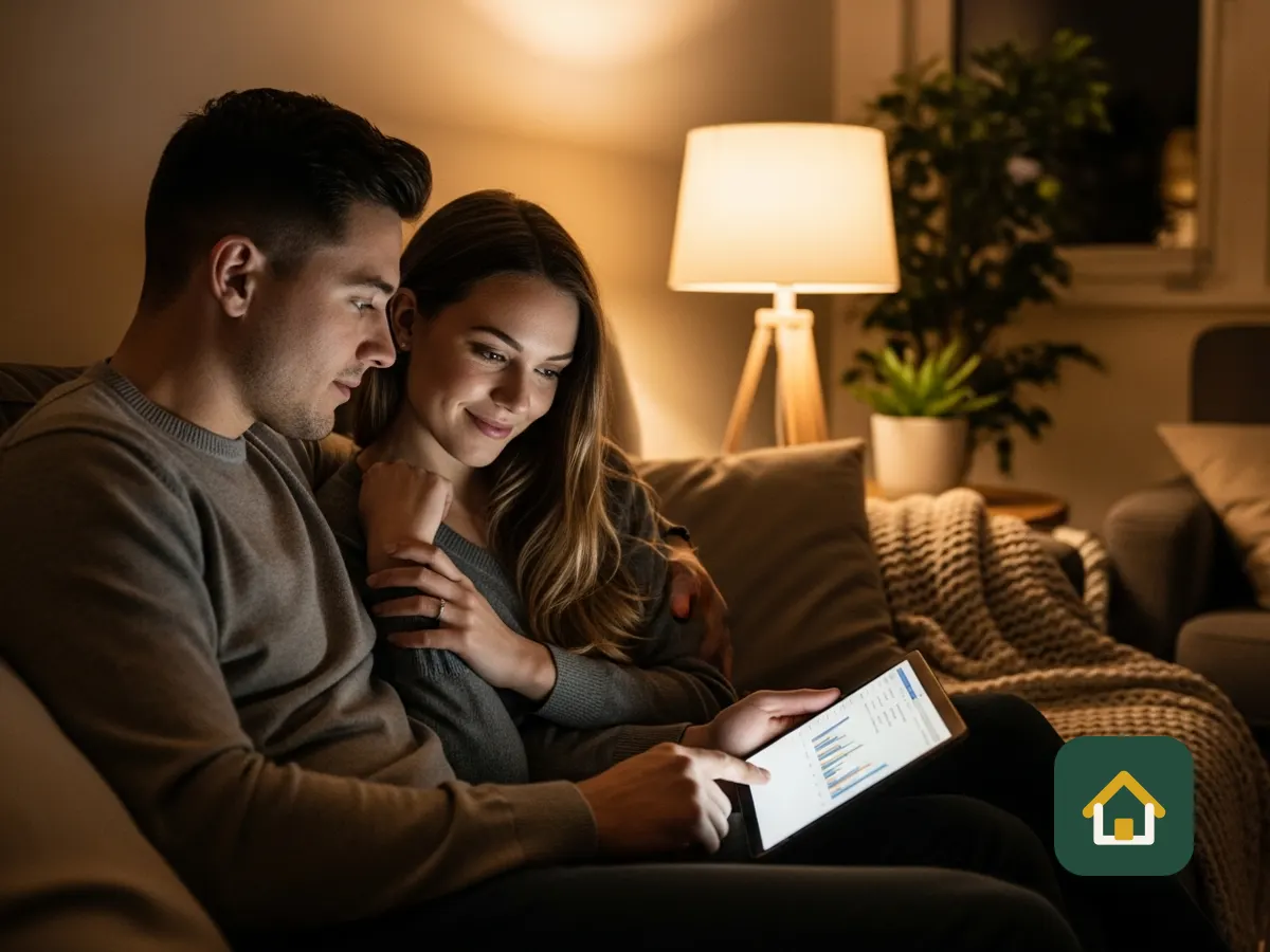 Couple on the sofa looking at a tablet together in the evening