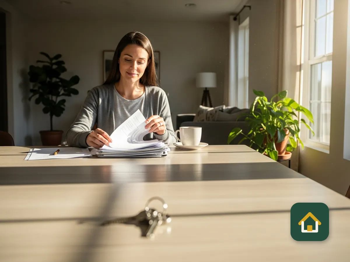 Mujer firmando documentos en una mesa con unas llaves de casa frente a ella