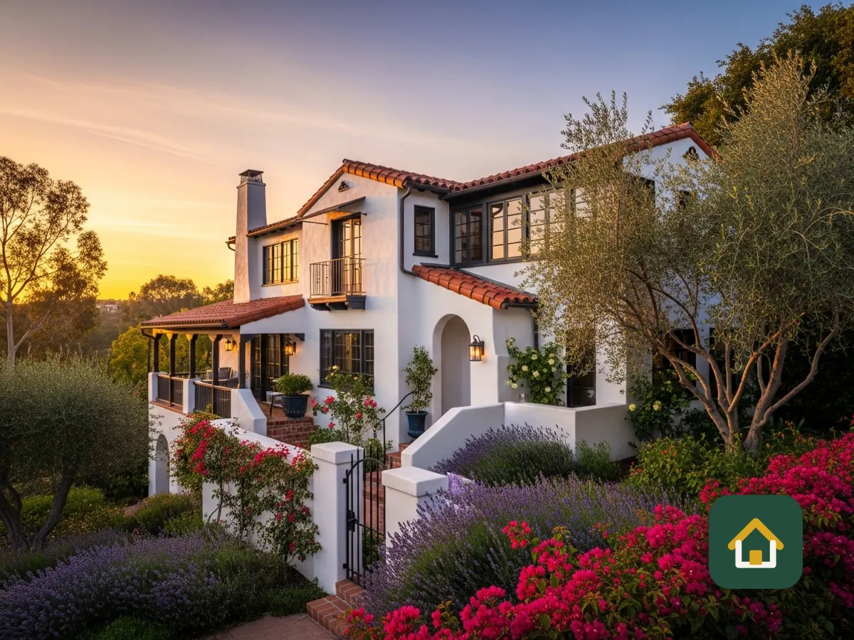 Casa de estilo español de dos pisos con jardines en flor al atardecer
