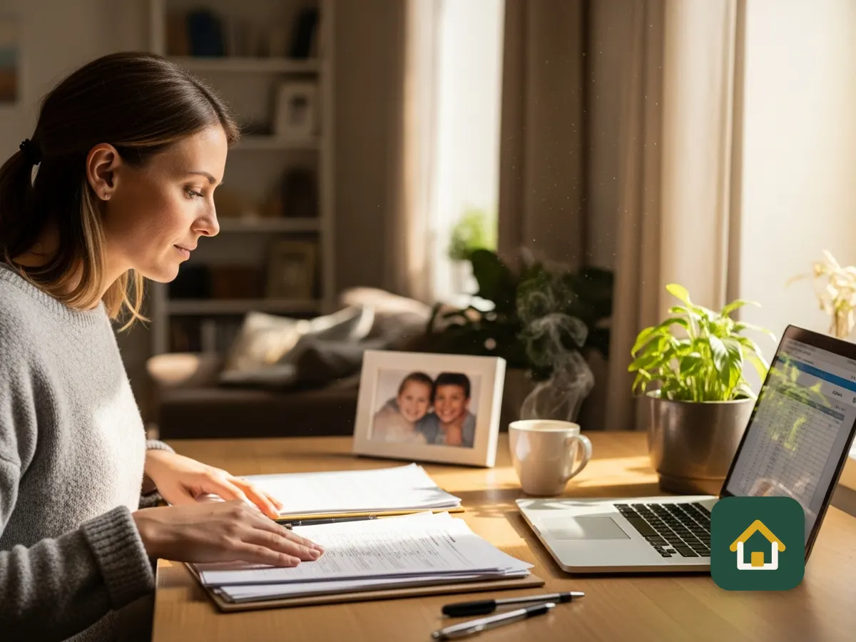 Woman reviewing paperwork and a laptop at her home desk