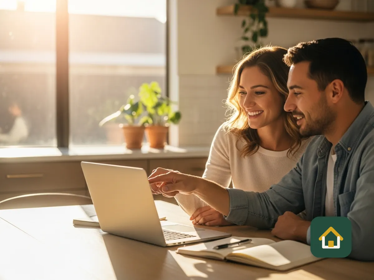 Couple running numbers together on a laptop at home