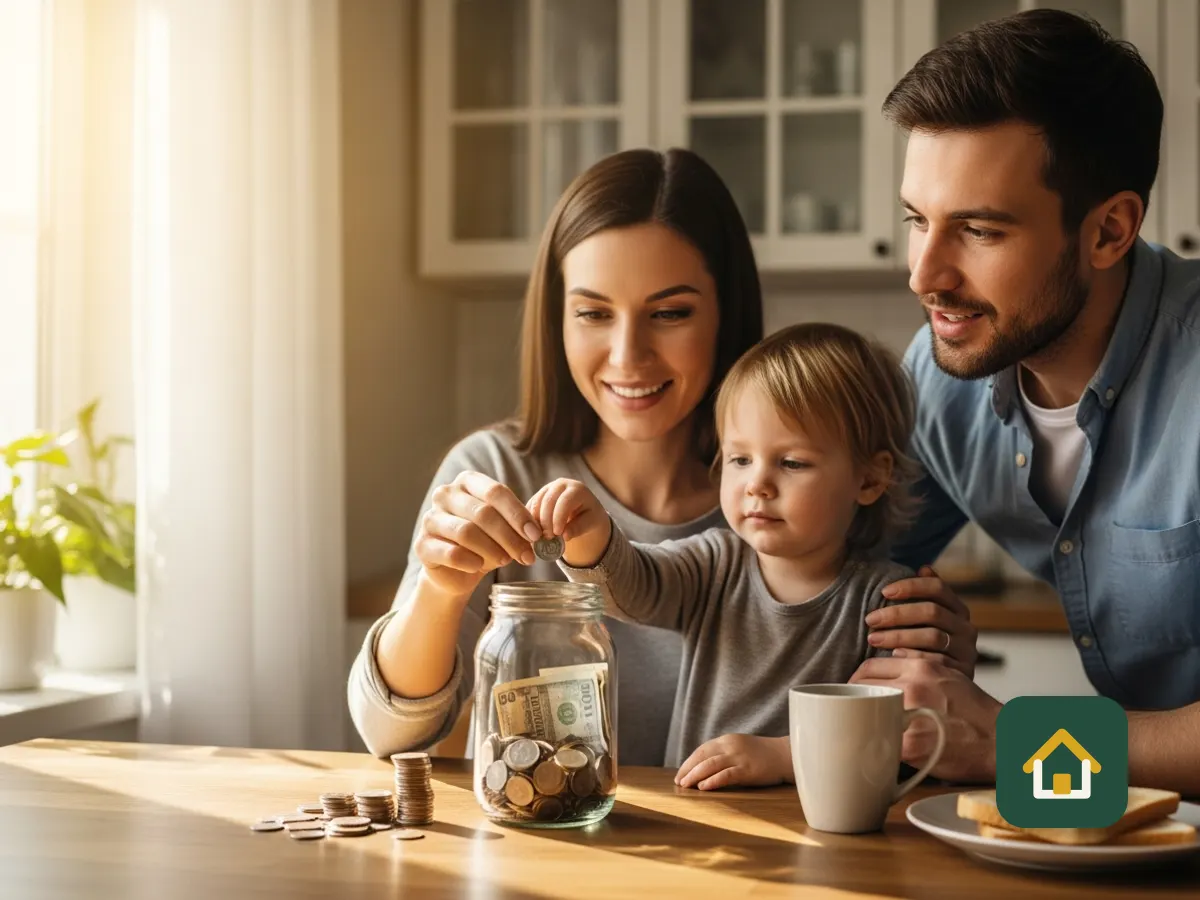 Family with a toddler saving coins in a jar at the kitchen table