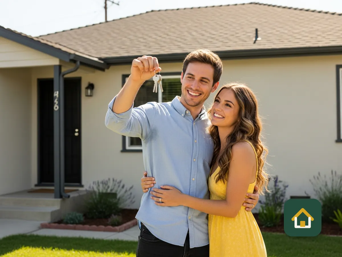 Young couple holding the keys to their first home