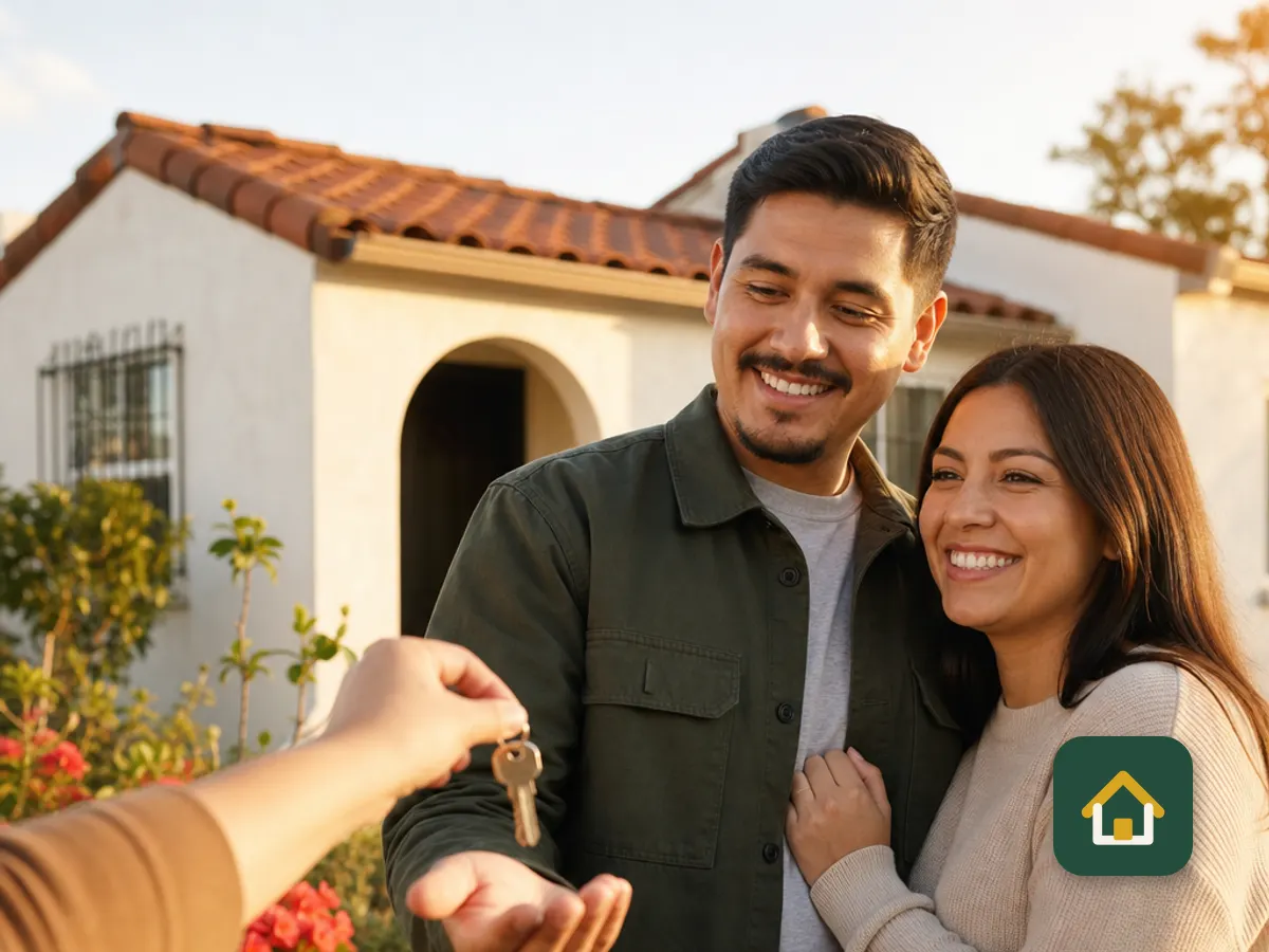 Pareja recibiendo las llaves frente a una casa de estilo español