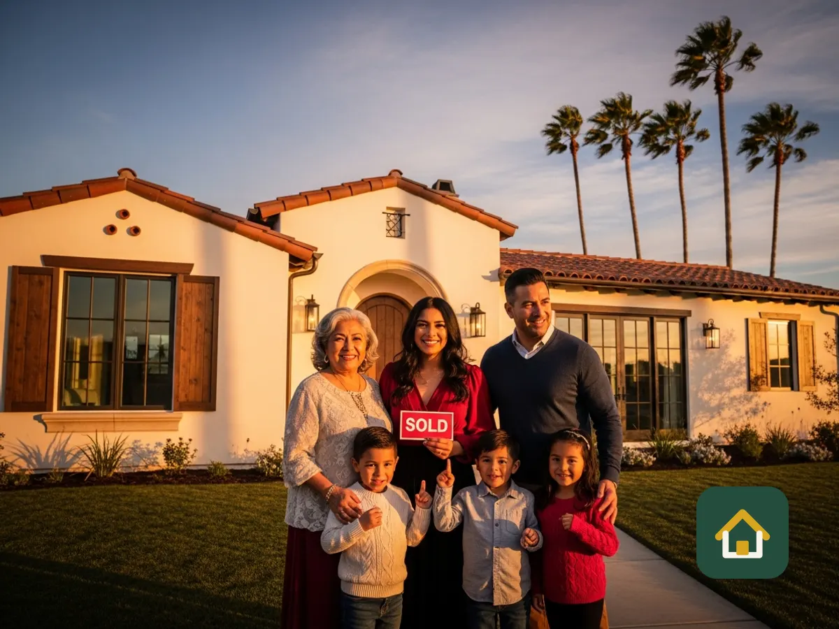 Familia frente a una casa de estilo español en California