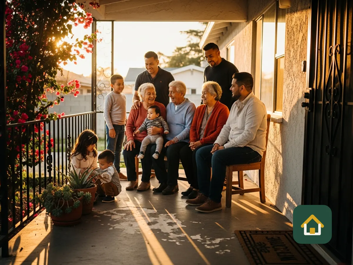 Family relaxing together on the front porch of their home