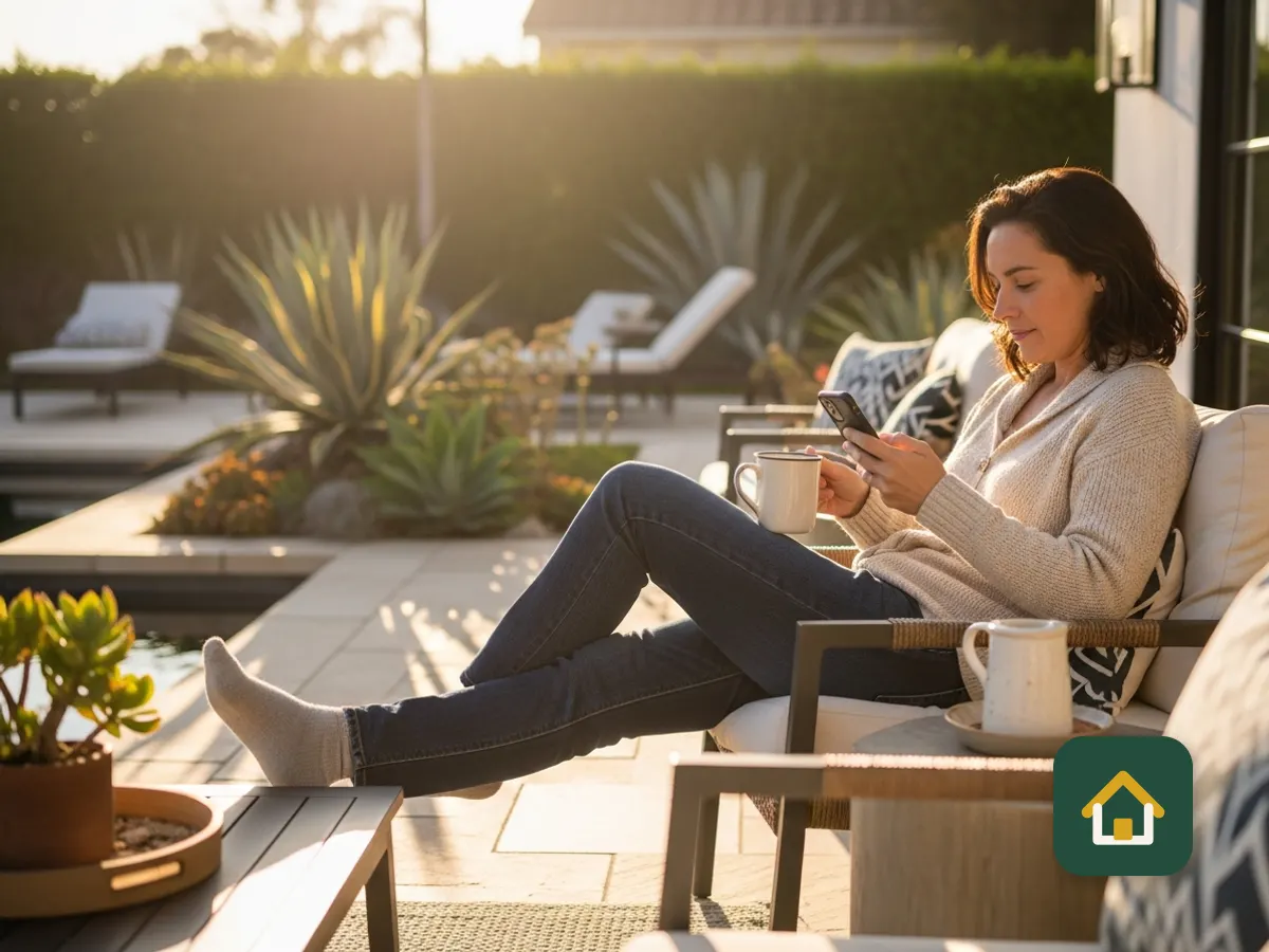 Mujer descansando en su patio mientras revisa su teléfono