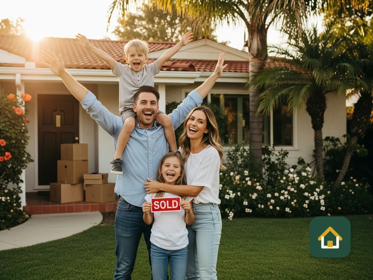 Illustrative photo: family celebrating outside a home with moving boxes