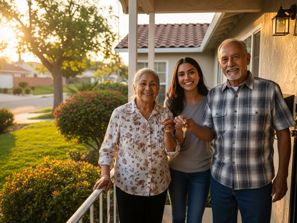 Familia multigeneracional con las llaves frente a su casa en California